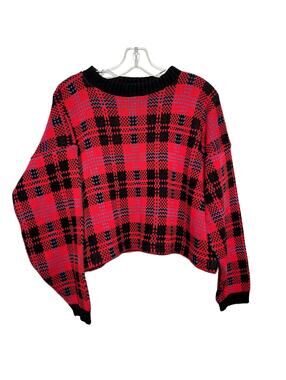 90's Vintage Red & Black Plaid Cropped Baggy Sweater M/L